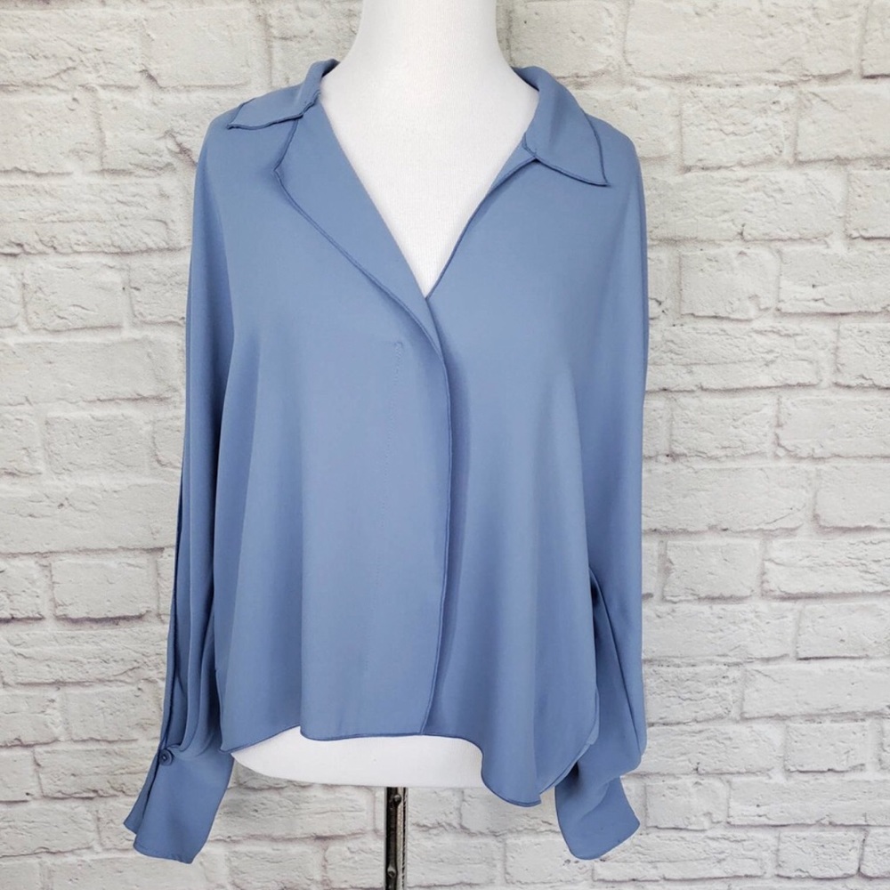Aritzia Babaton Martin Blouse in Smokey Blue Dolman Sleeve V-neck Boxy Sz Lg NWT